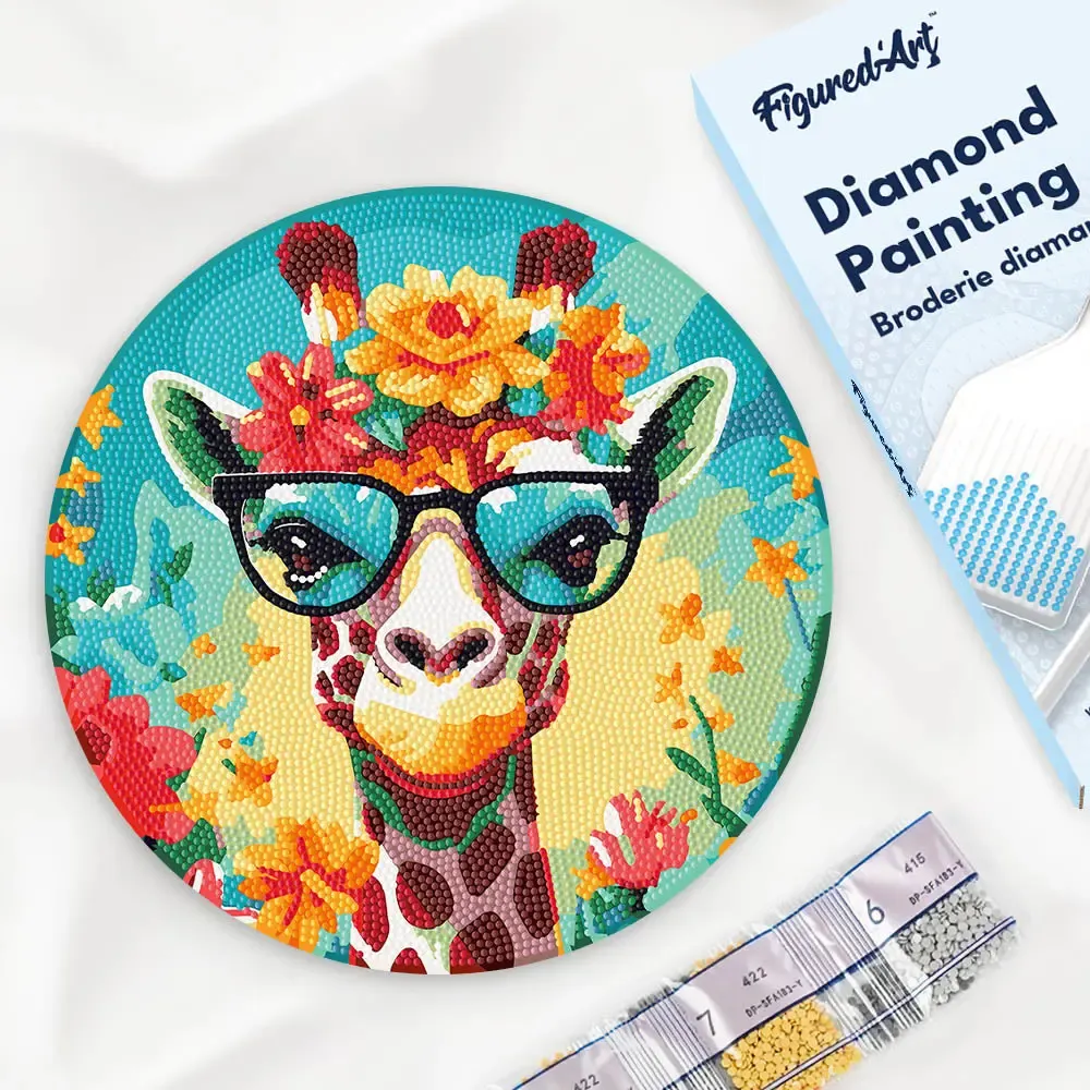 Broderie diamant sur Disque en Bois - Girafe fantaisie et fleurs