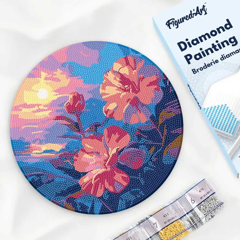 Broderie diamant sur Disque en Bois - Hibiscus au coucher de soleil