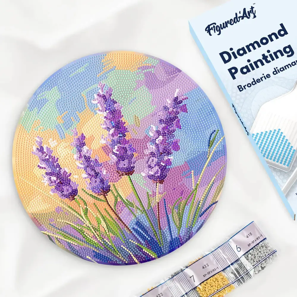 Broderie diamant sur Disque en Bois - Lavande