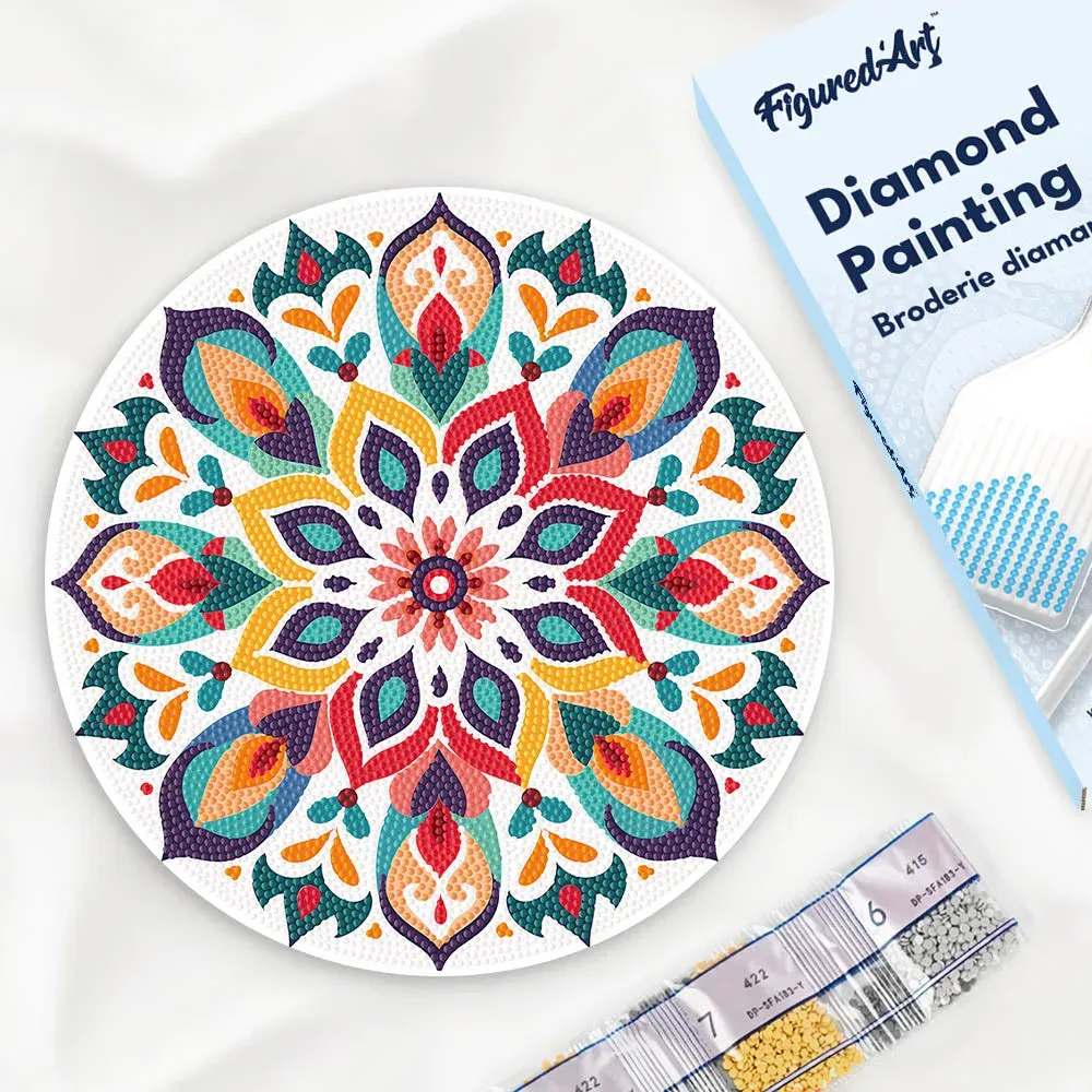Broderie diamant sur Disque en Bois - Mandala floral