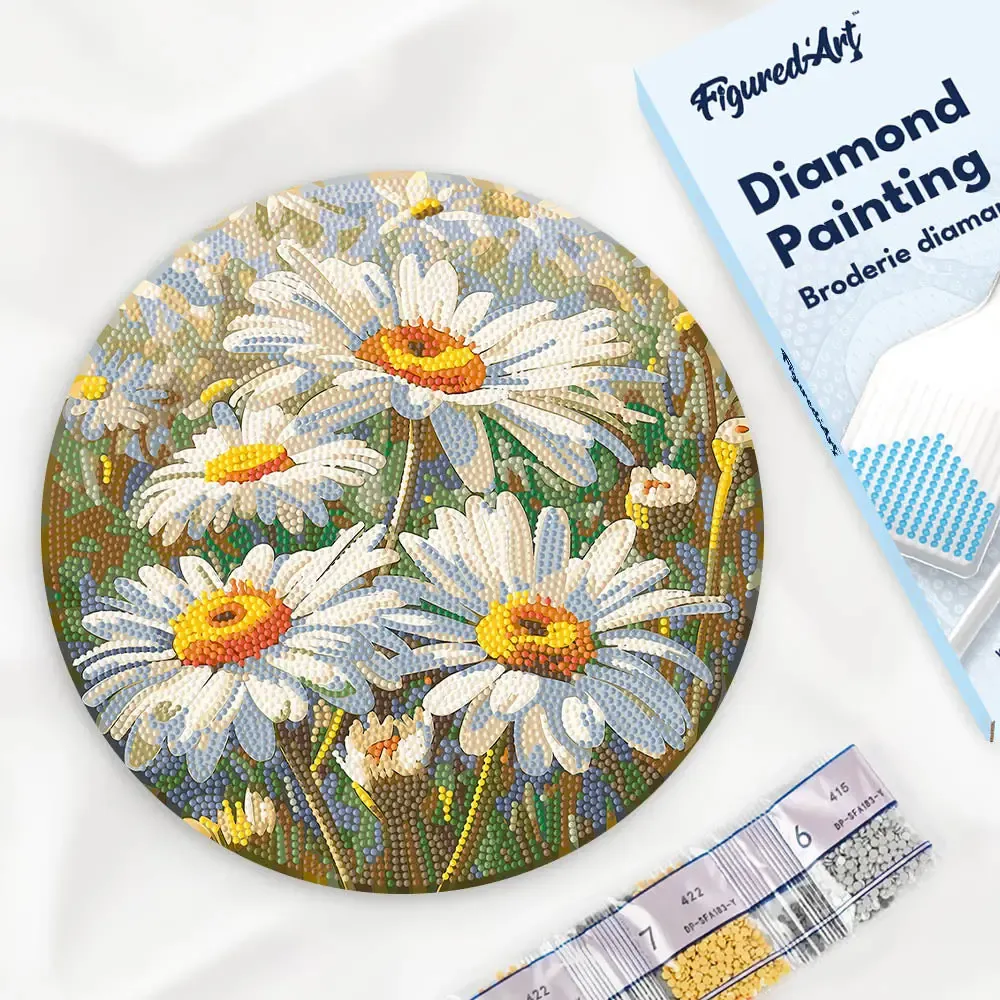 Broderie diamant sur Disque en Bois - Marguerites