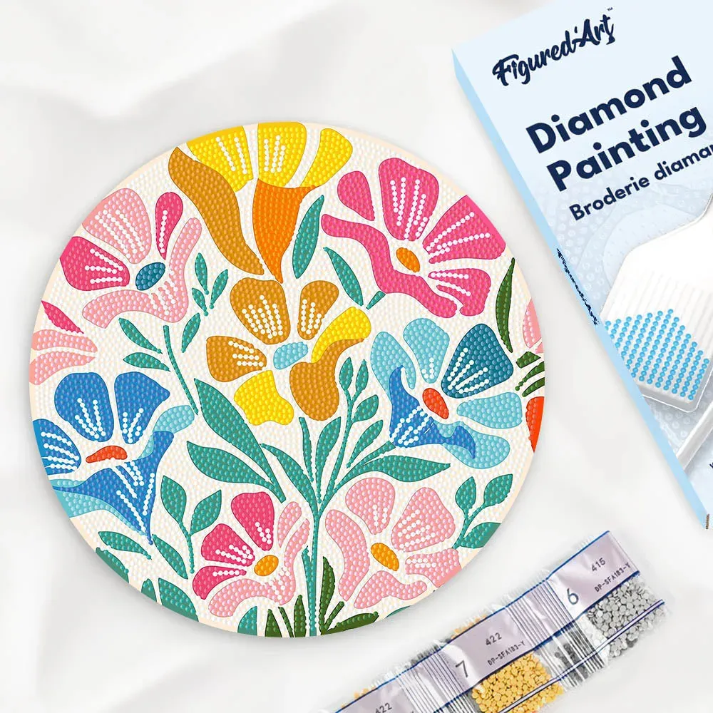 Broderie diamant sur Disque en Bois - Motif floral coloré