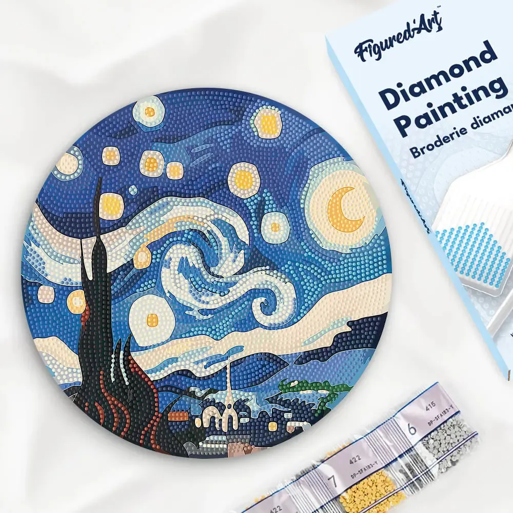 Broderie diamant sur Disque en Bois - Nuit étoilée