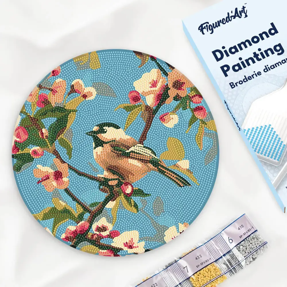 Broderie diamant sur Disque en Bois - Oiseau sur une branche