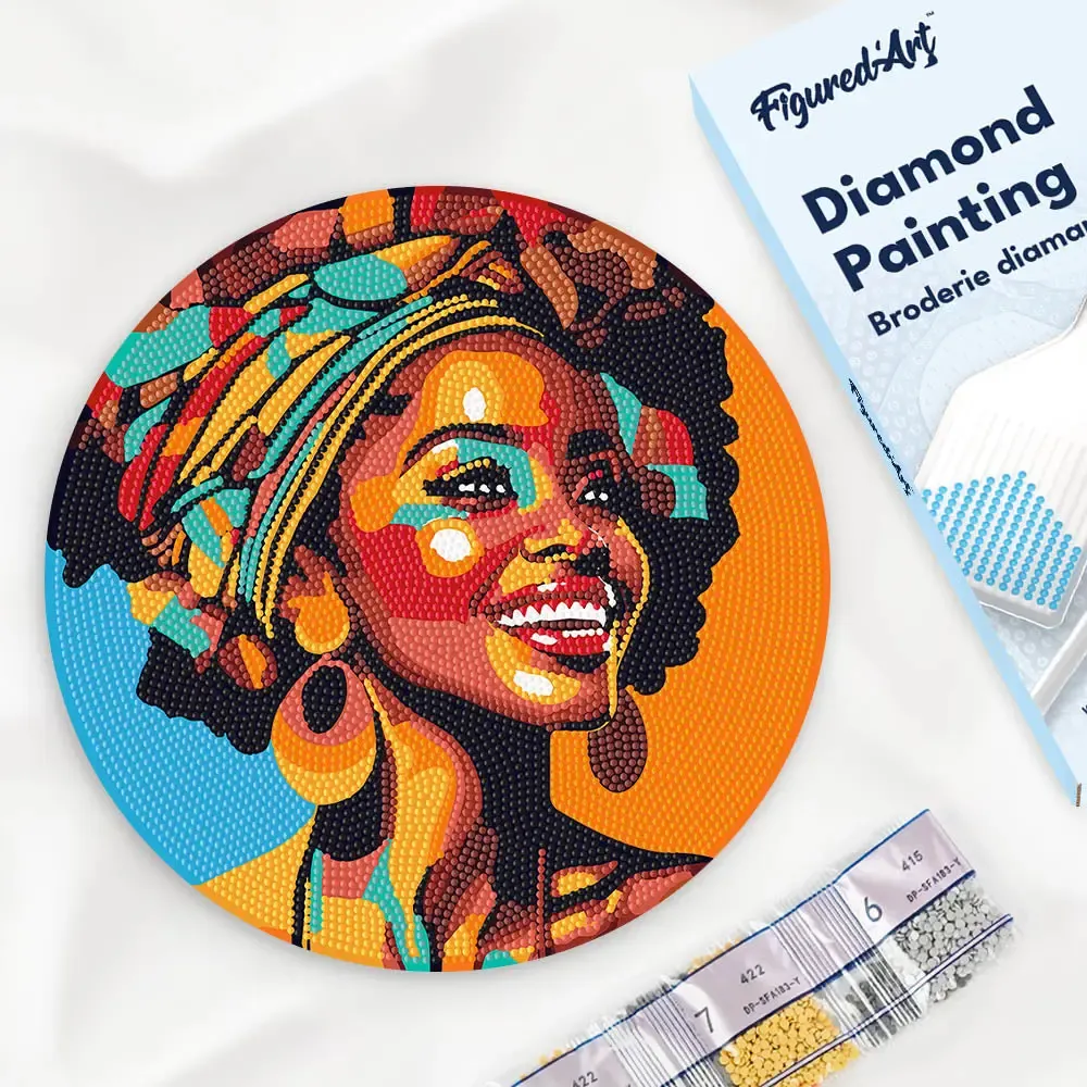 Broderie diamant sur Disque en Bois - Reine Africaine Pop Art
