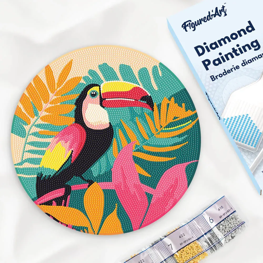 Broderie diamant sur Disque en Bois - Toucan Tropical