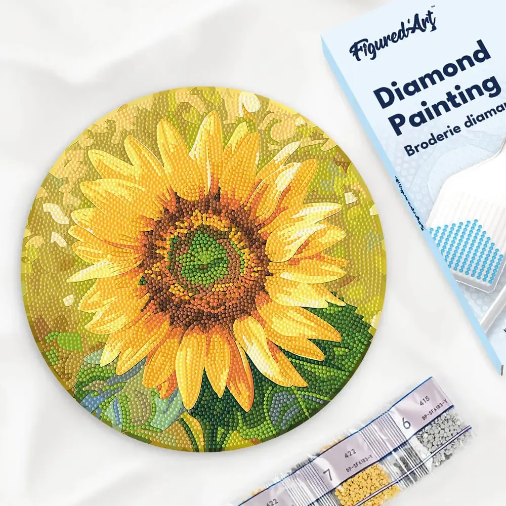 Broderie diamant sur Disque en Bois - Tournesol