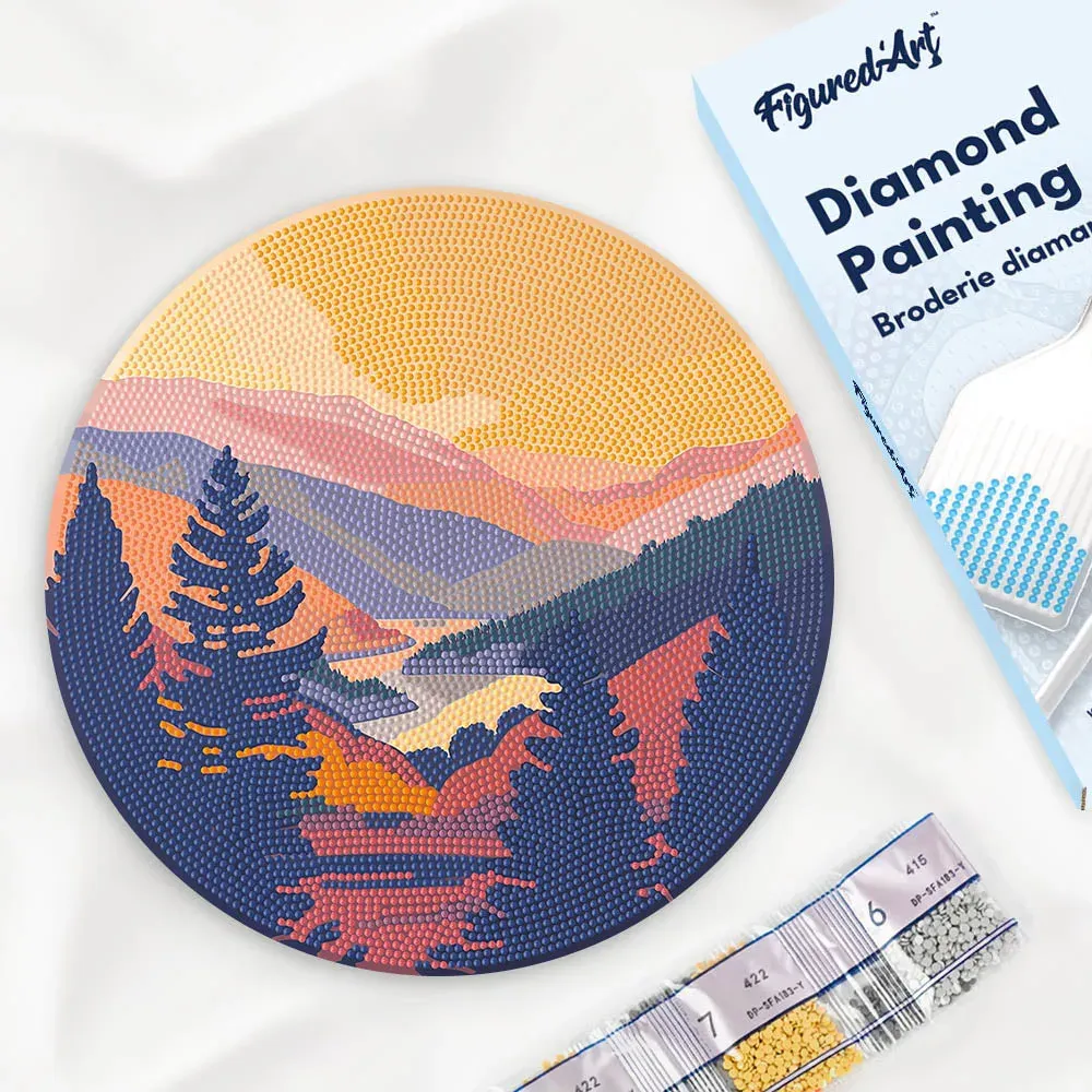 Broderie diamant sur Disque en Bois - Vallée d'Automne