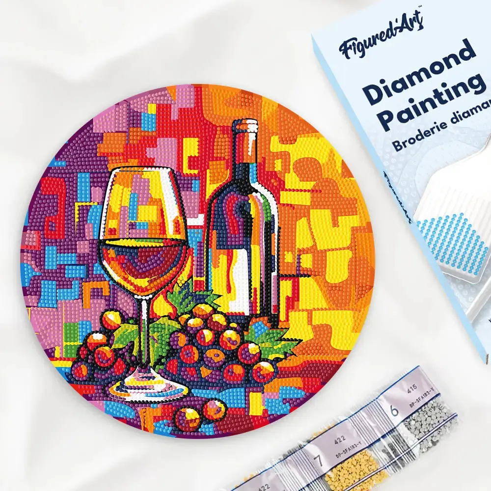 Broderie diamant sur Disque en Bois - Vin et raisins