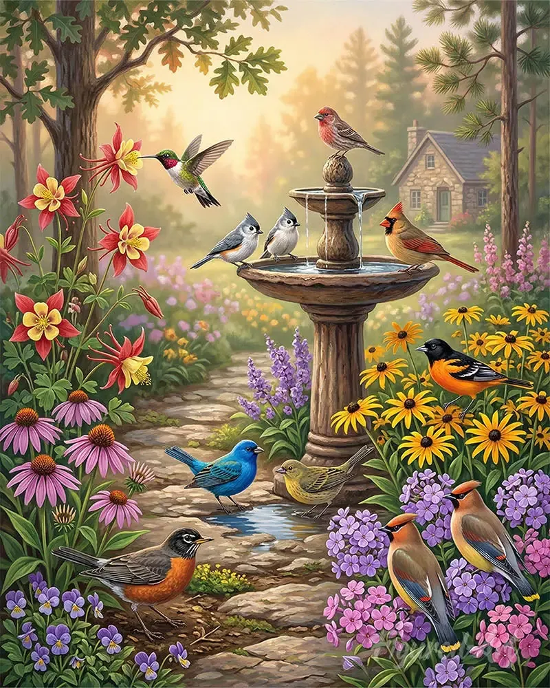 Broderie diamant Fontaine et Oiseaux du Jardin - Symphonie Florale