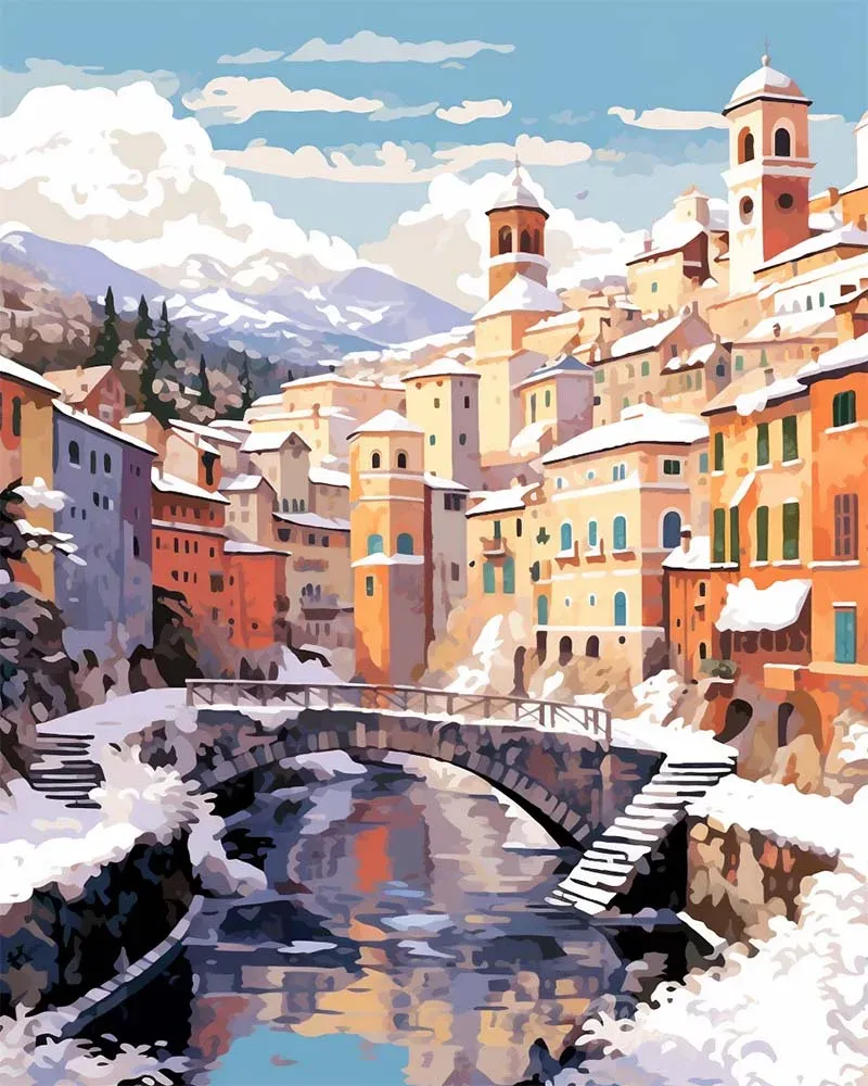 Broderie diamant Village d'hiver au bord de la rivière