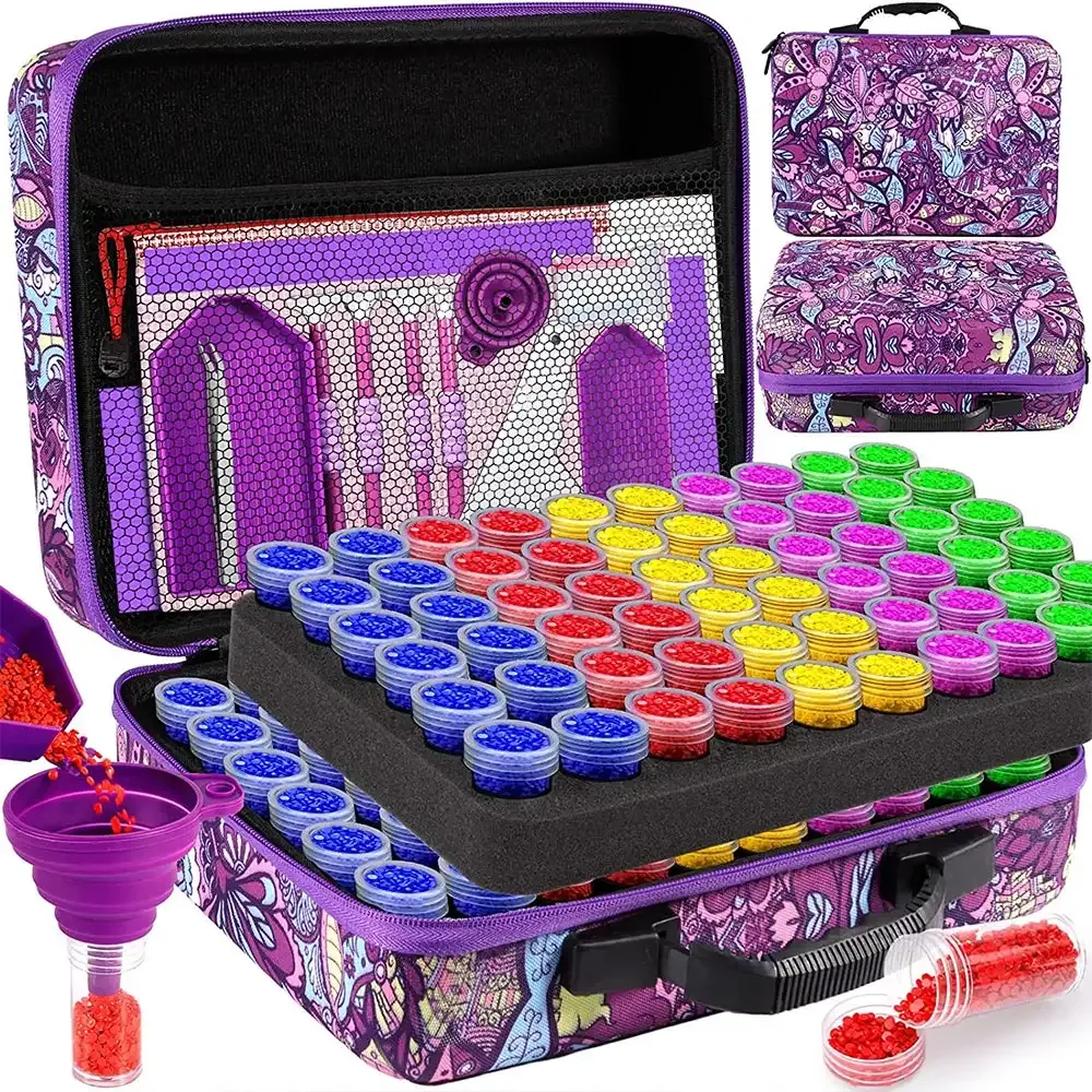Étui de rangement Diamond Painting Fleurs Violettes 120 pots + accessoires