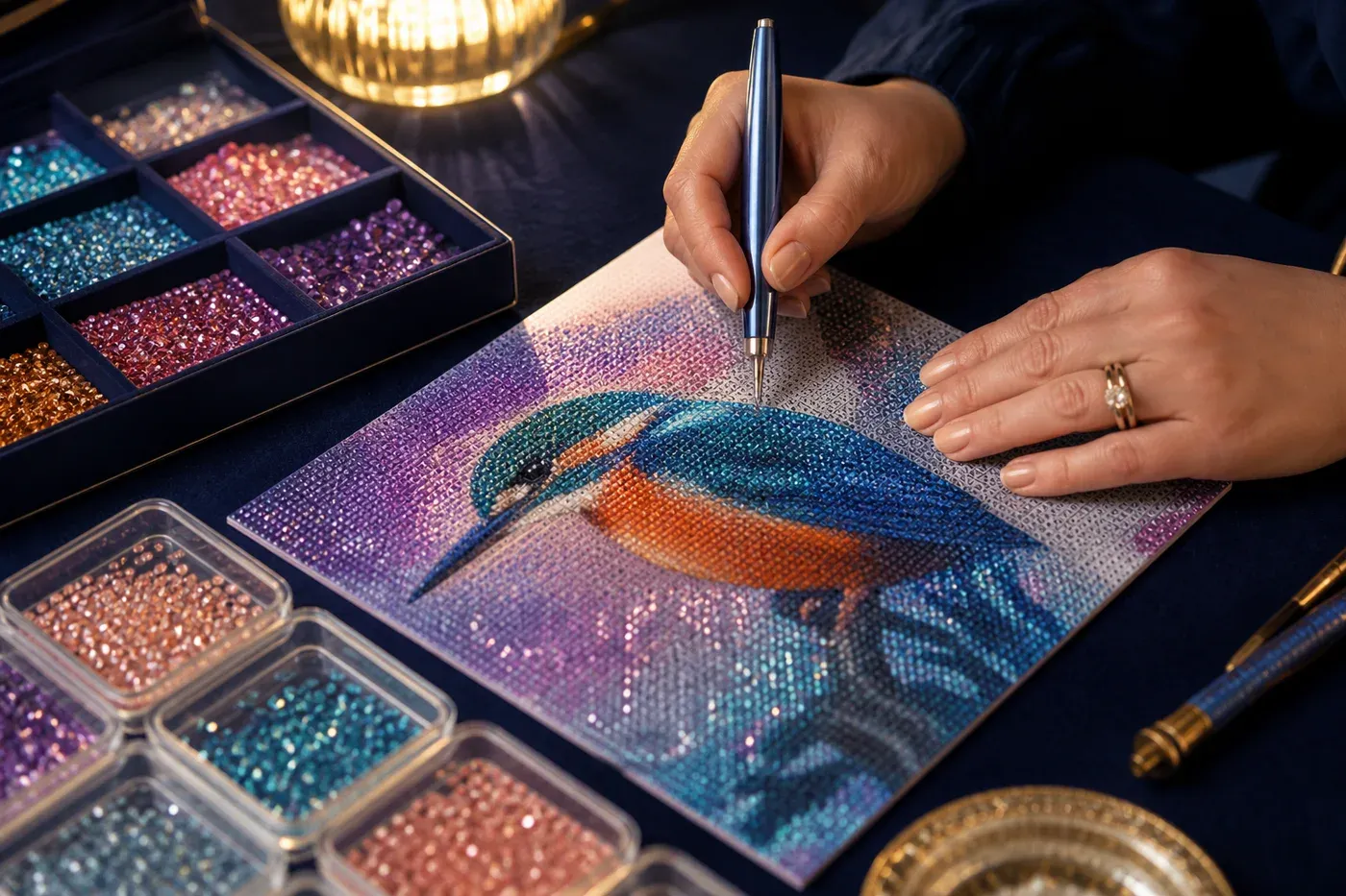 Pose d'un diamant au stylet sur une toile de broderie diamant