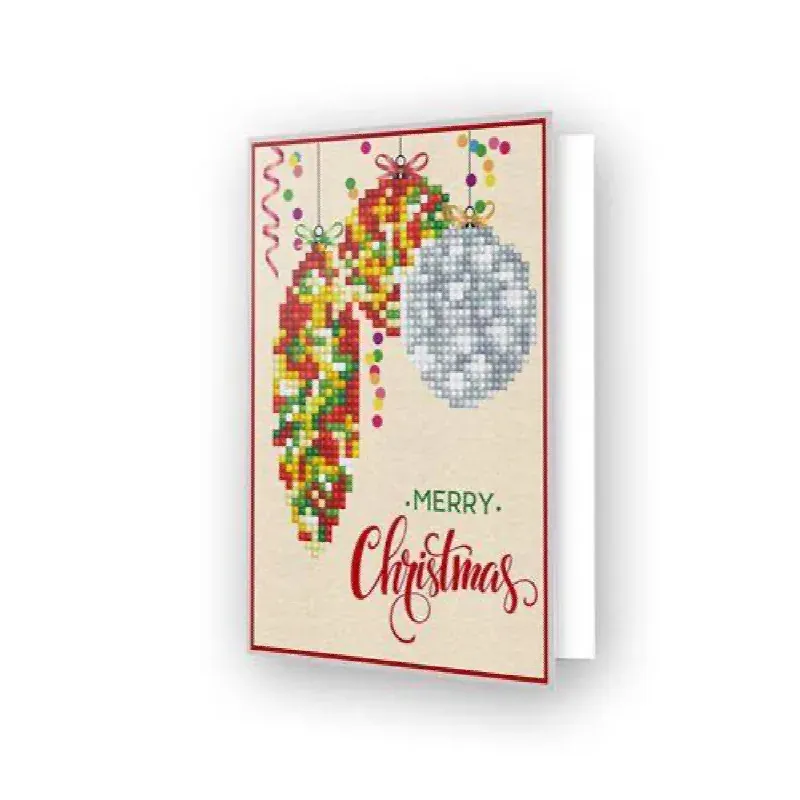Carte de vœux broderie diamant Noël, boules traditionnelles