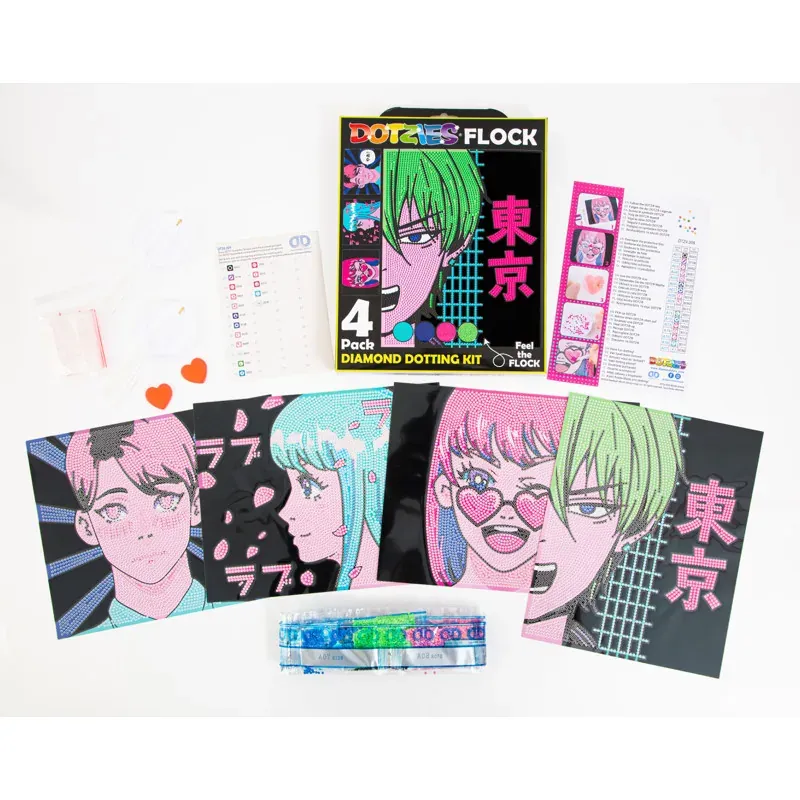 Kit broderie diamant animé, 4 dessins fond flock noir