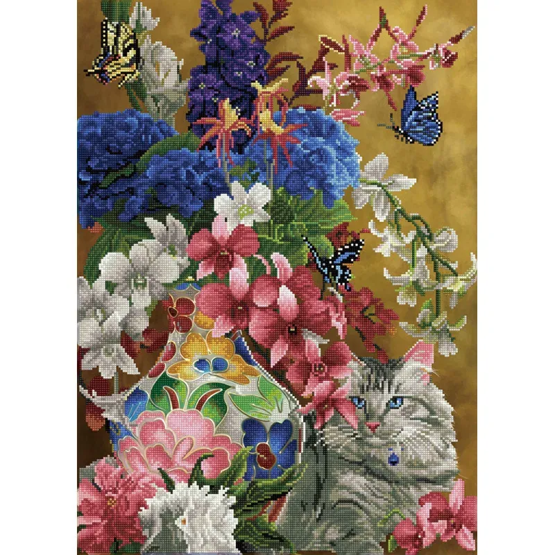 Kit broderie diamant chat et bouquet, 72 x 52 cm