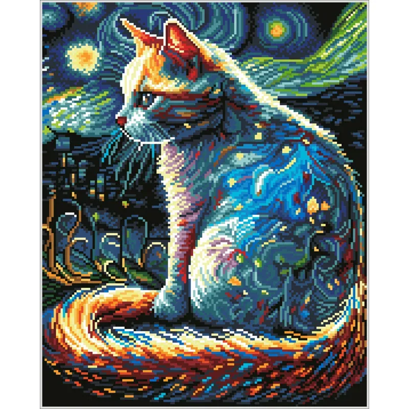 Kit broderie diamant chat nuit étoilée, 50.5 x 40.5 cm