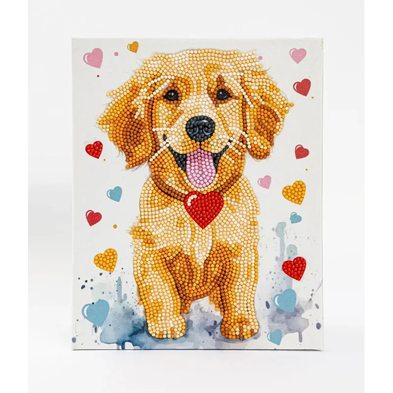 Kit broderie diamant chien et cœurs avec cadre, 25 x 20 cm