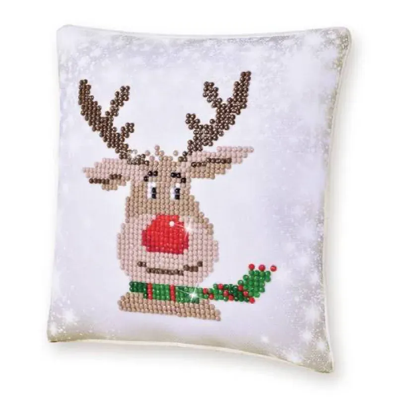 Kit broderie diamant coussin renne de Noël, 18 x 18 cm