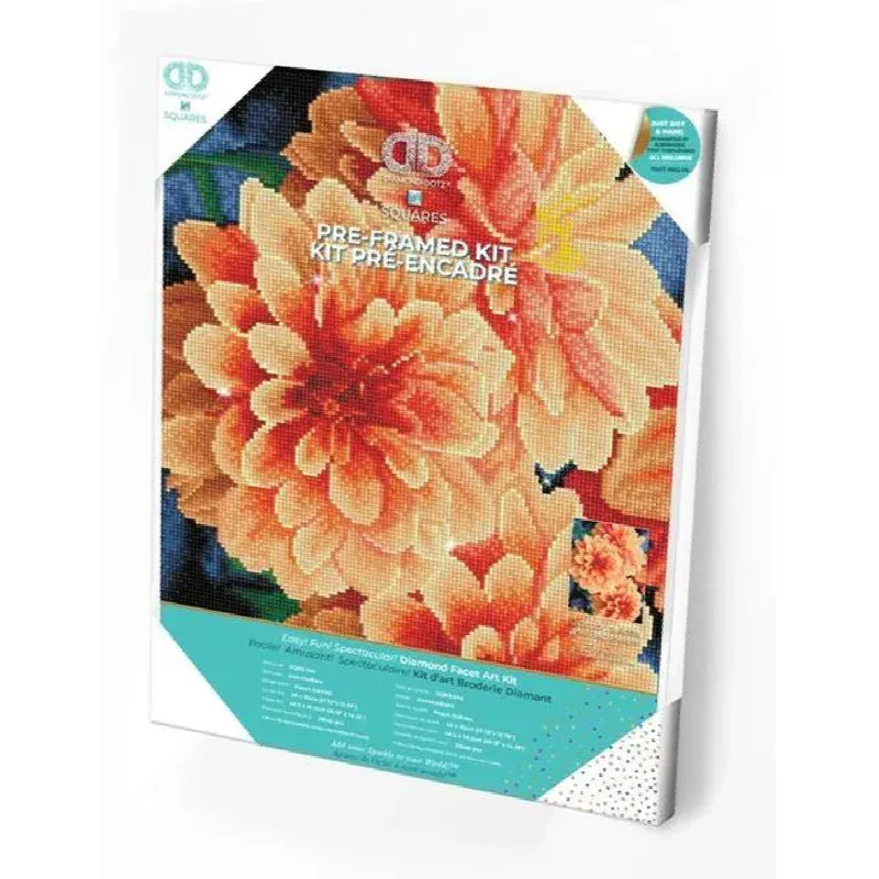 Kit broderie diamant dahlias pêche pré-encadré