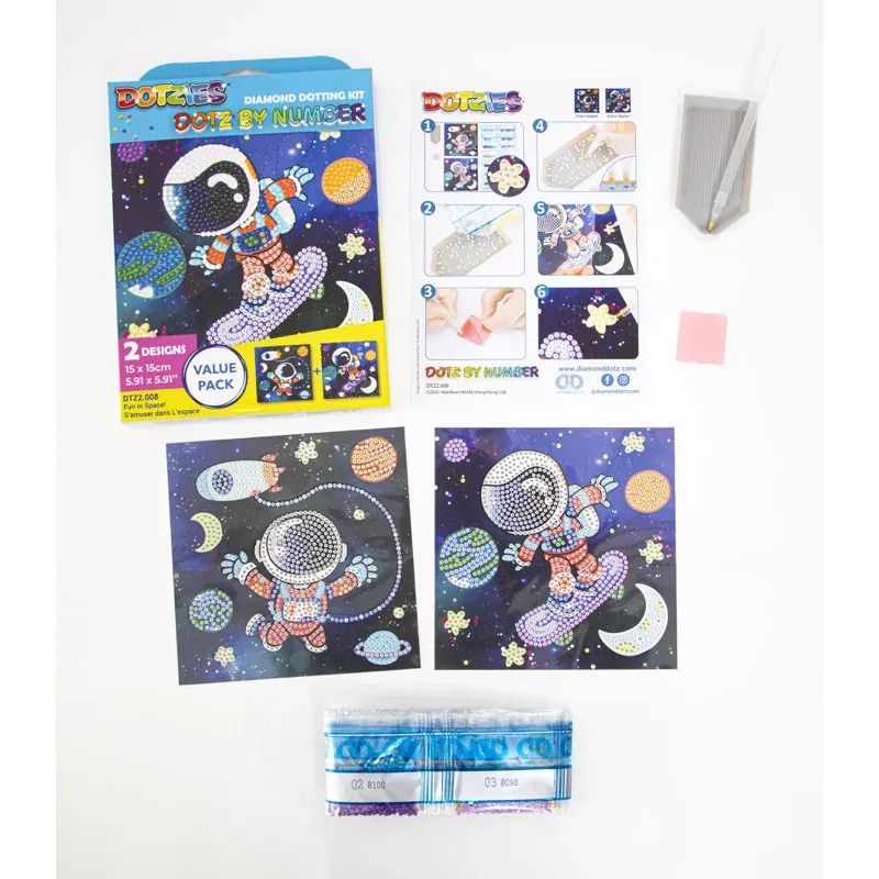 Kit broderie diamant espace enfant, 2 dessins 15 x 15 cm