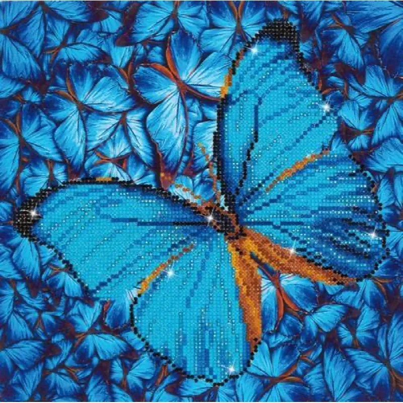 Kit broderie diamant fleurs et papillon bleu, 30 x 30 cm