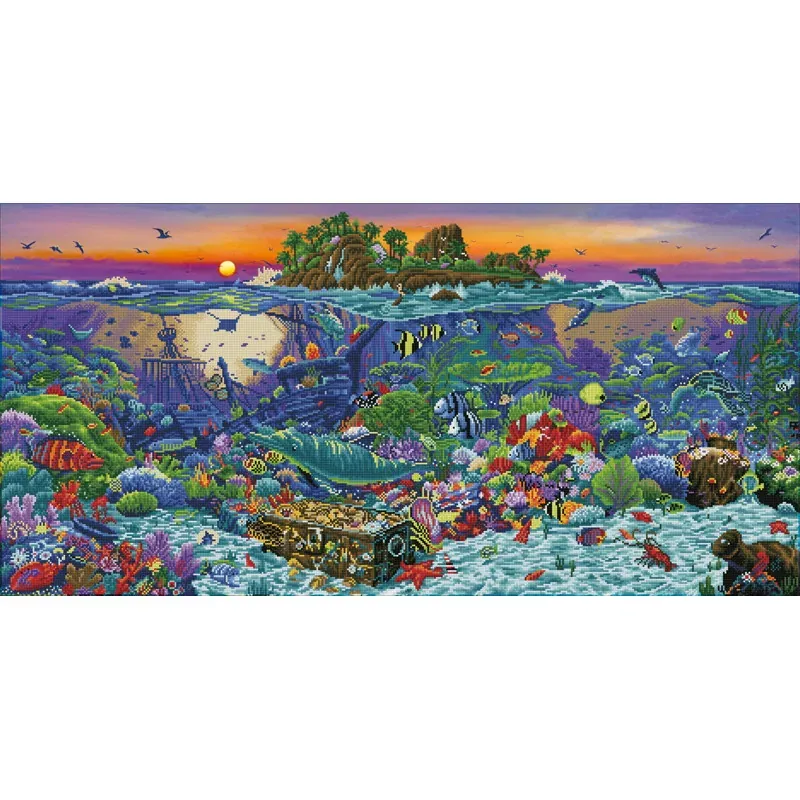 Kit broderie diamant île au reef corallien, 132 x 65 cm