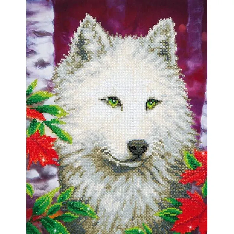 Kit broderie diamant loup blanc lumineux, 35 x 45 cm