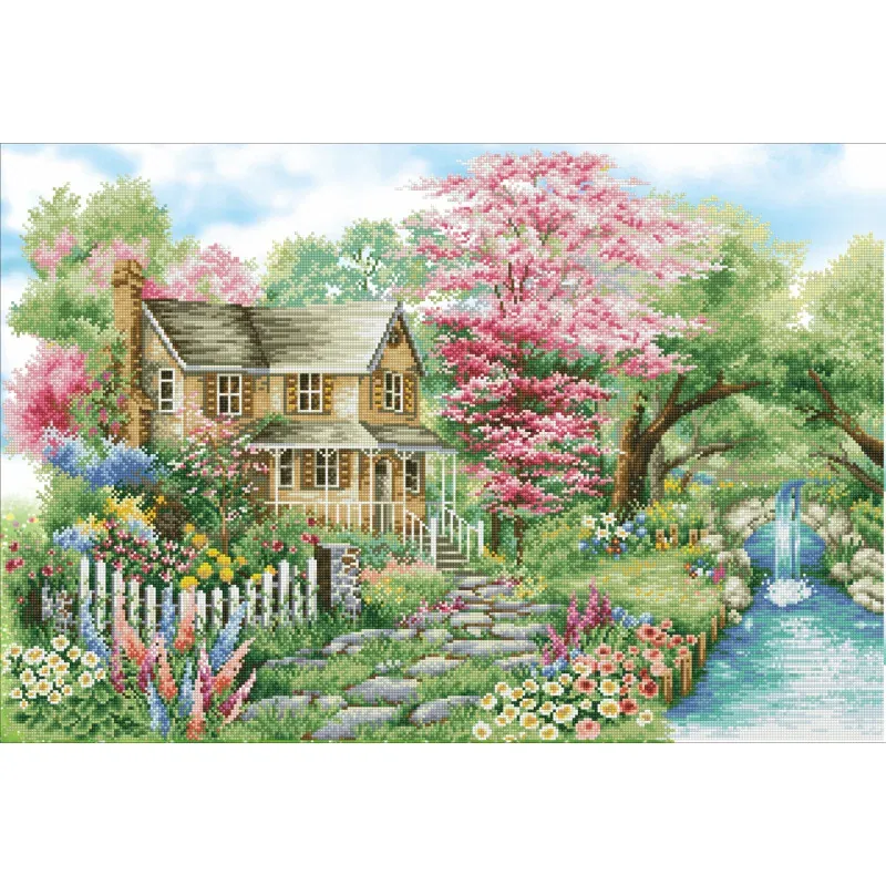 Kit broderie diamant maison au printemps, 90 x 61 cm