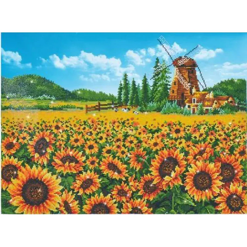 Kit broderie diamant moulin aux tournesols, 77 x 57 cm