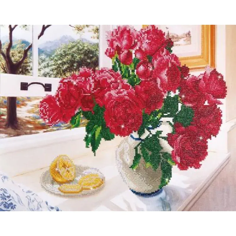 Kit broderie diamant roses près de la fenêtre, 57 x 49 cm