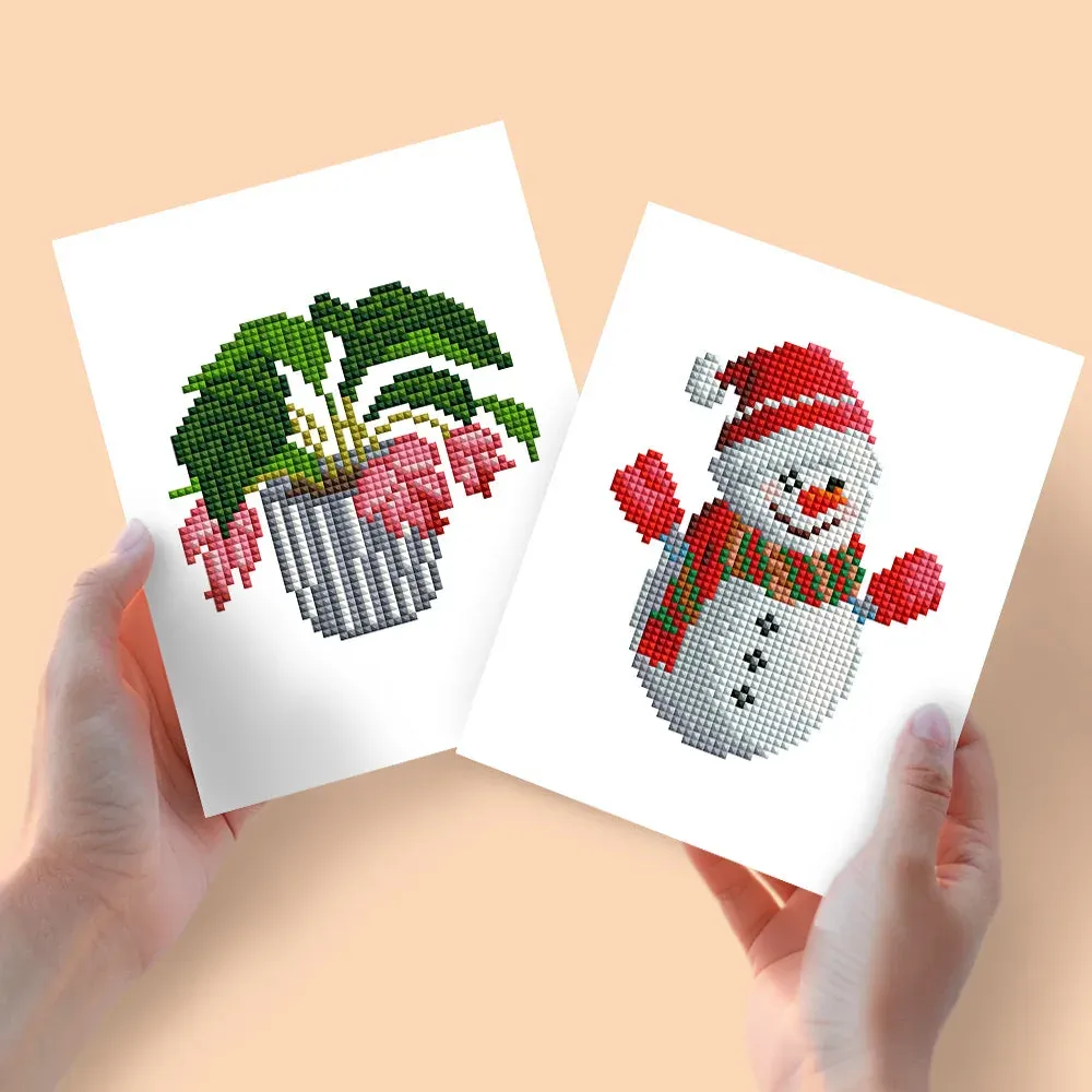 Broderie diamant (2 pièces) - Plante en Pot et Bonhomme de Neige