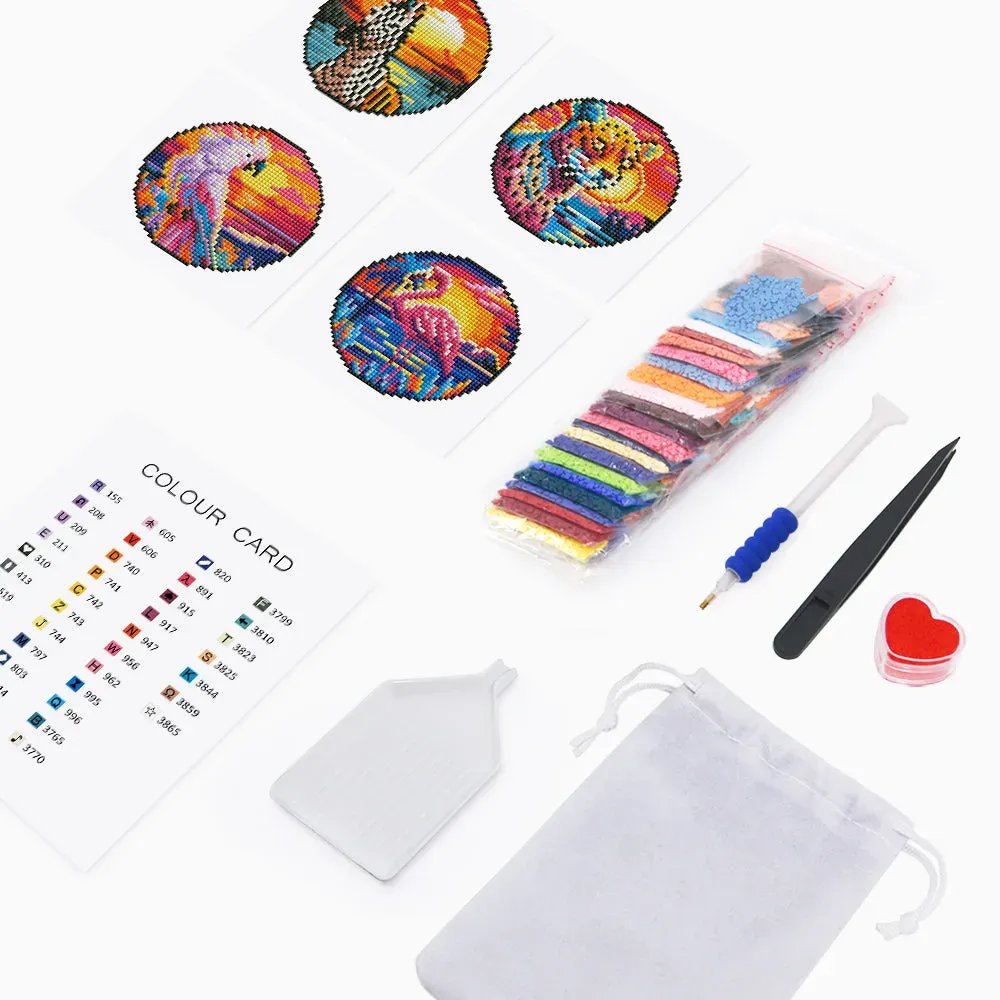 Broderie diamant (4 pièces) - Oiseaux Tropicaux et Coucher de Soleil