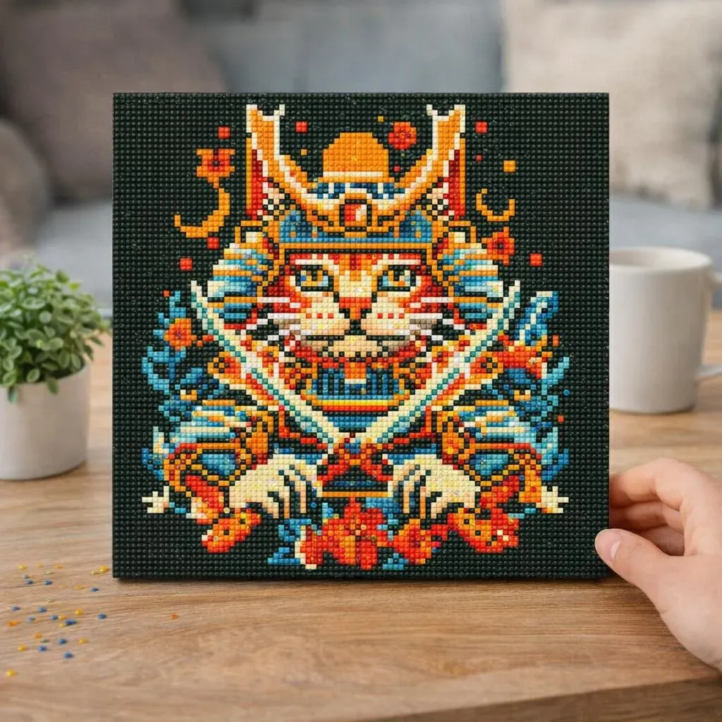 Broderie diamant Chat Samouraï