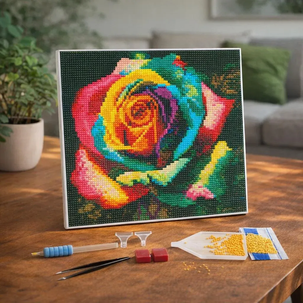 Broderie diamant Rose Multicolore - Mini format 25x25 cm avec cadre