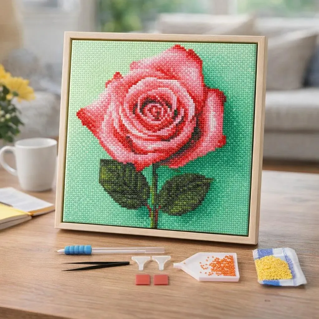 Broderie diamant Superbe Rose - Mini format 25x25 cm avec cadre