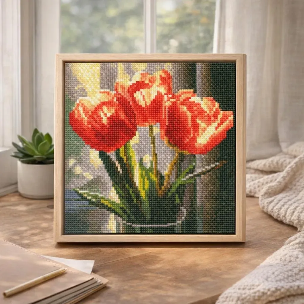 Broderie diamant Tulipes Pêche - Mini format 25x25 cm avec cadre