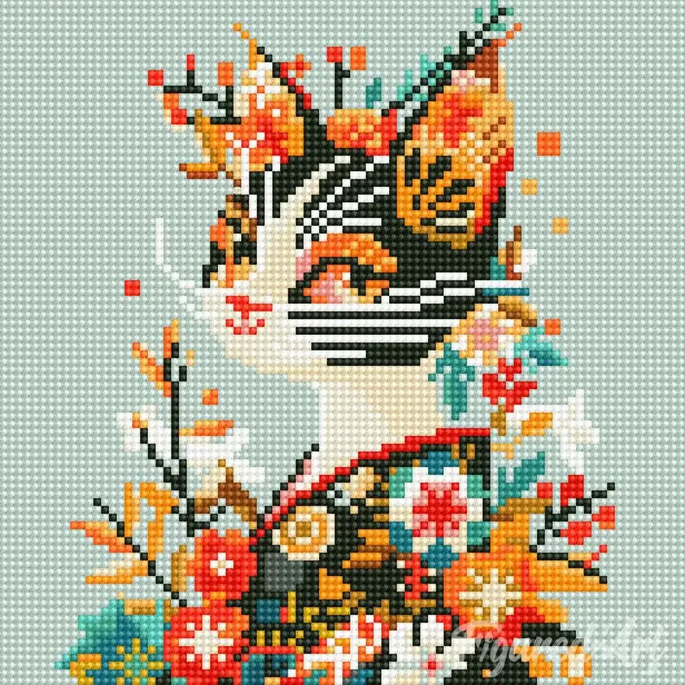 Broderie diamant chat en kimono floral - Petit format japonais 25x25cm