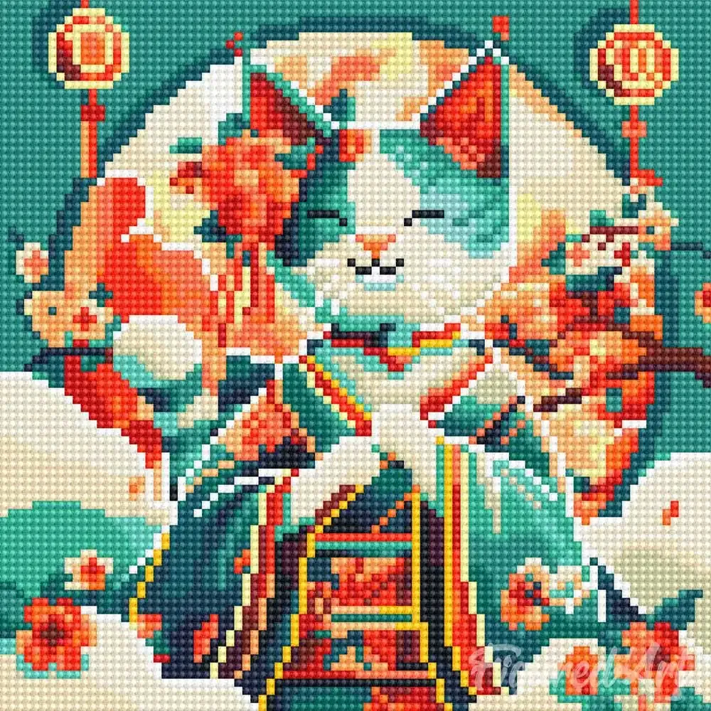 Broderie diamant chat princesse japonaise - Mini format élégant 25x25 cm