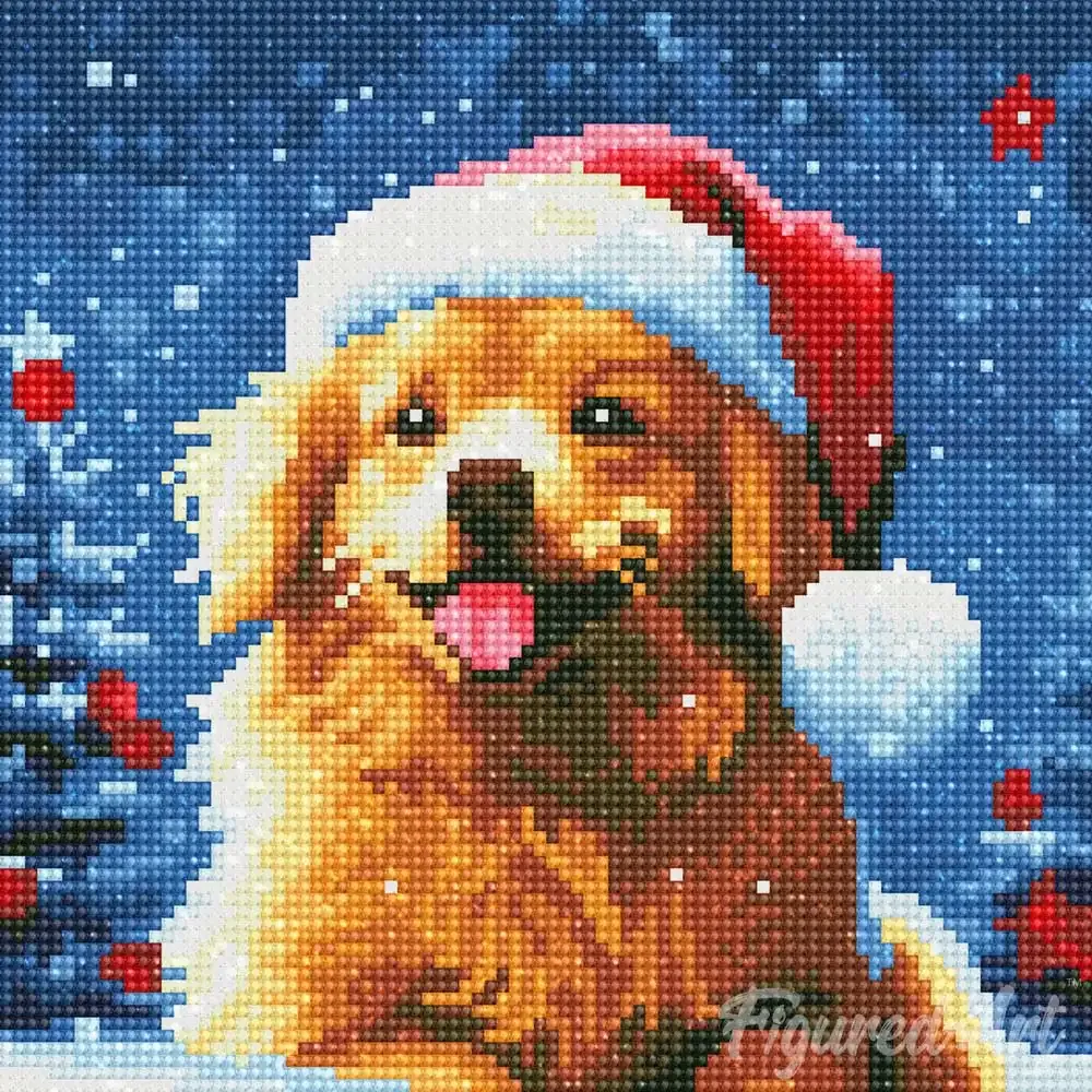 Broderie diamant Noël - Chien mignon en format mini 25x25 cm