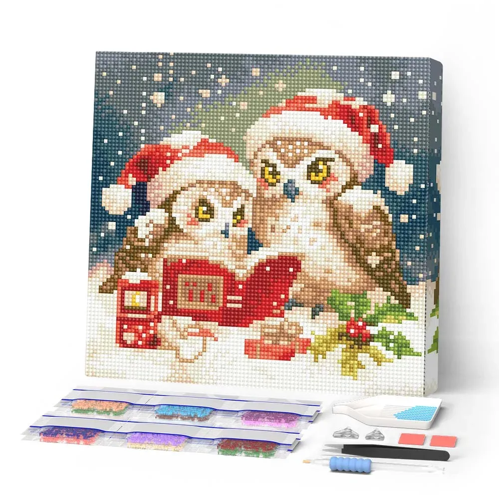 Broderie diamant Chouettes Père Noël Lisant