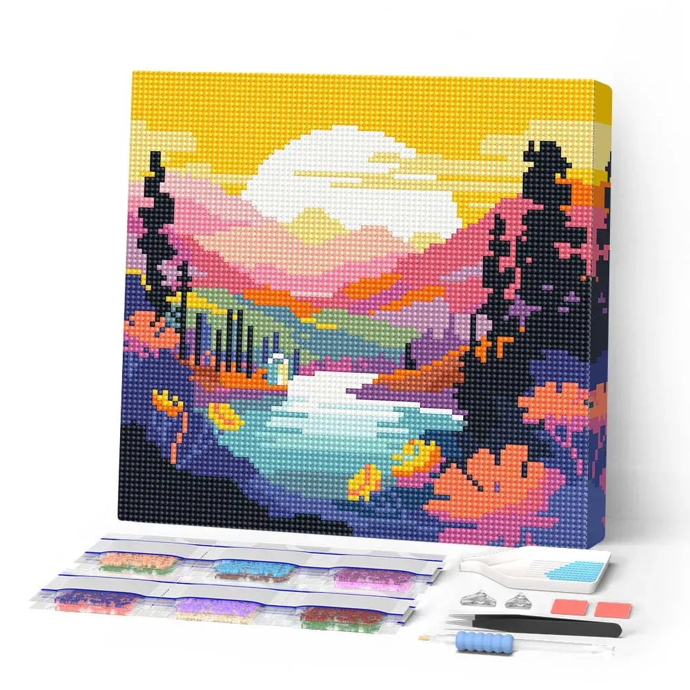 Broderie diamant Coucher de Soleil Coloré au Bord du Lac