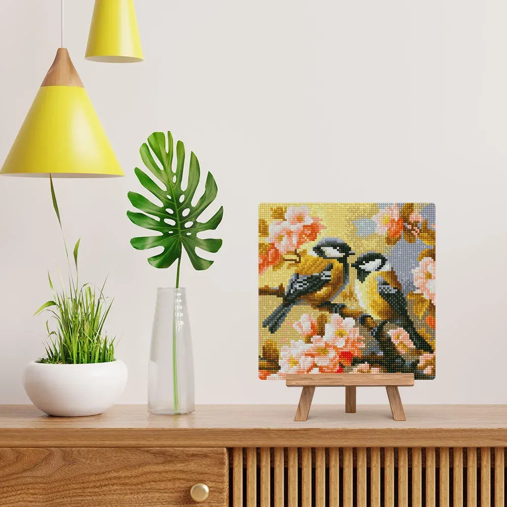 Broderie diamant couple d'oiseaux parmi les fleurs 25x25 cm