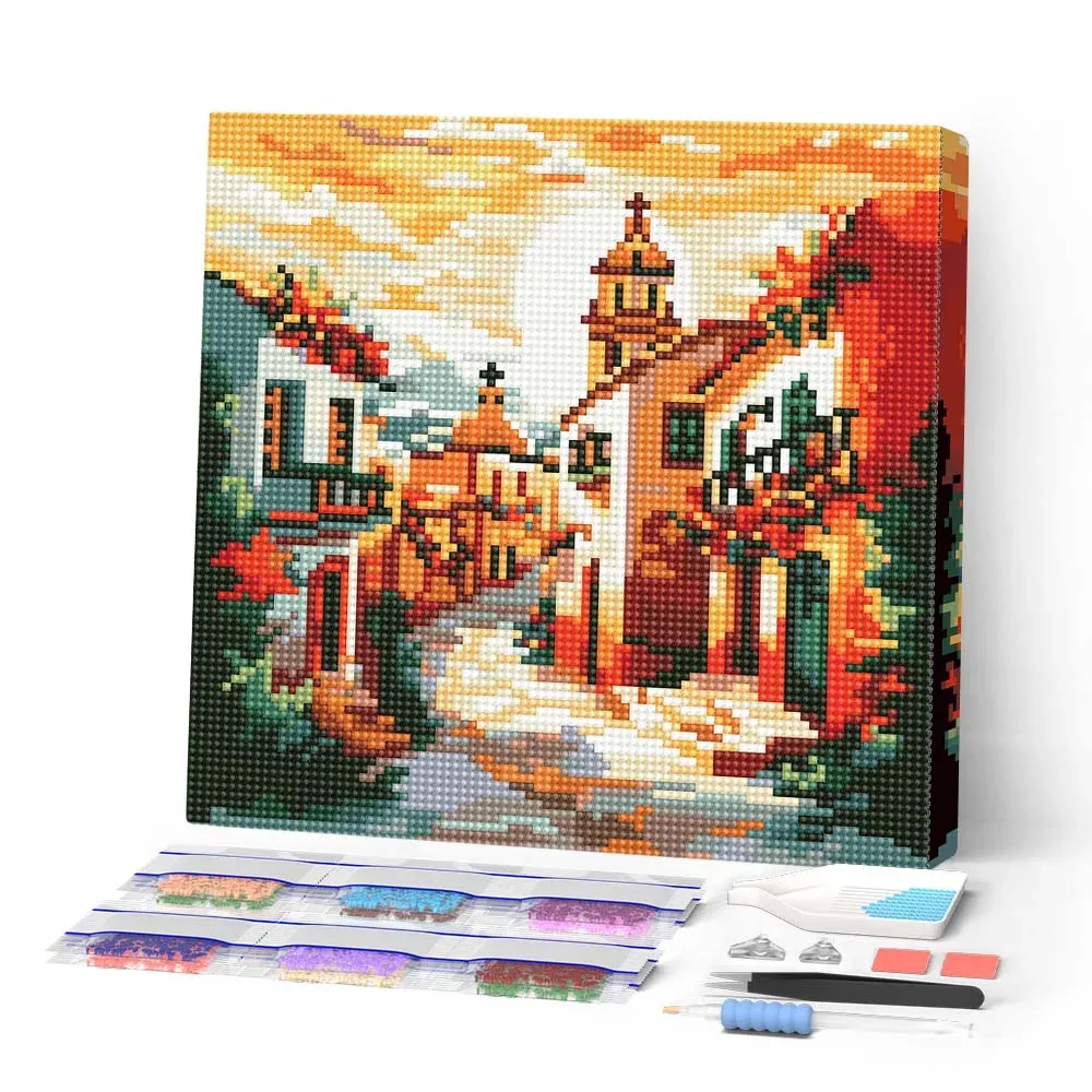 Broderie diamant Église de Village Ensoleillé