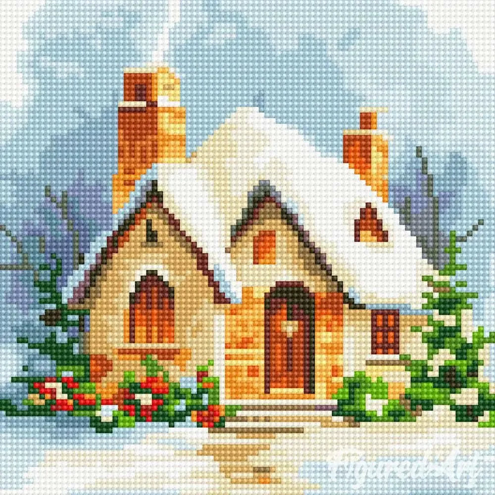 Broderie diamant Maison en Briques sous la Neige
