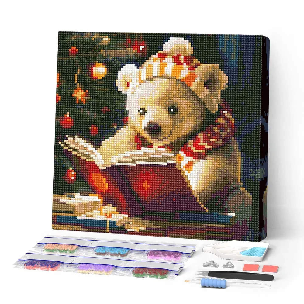Broderie diamant Ours Mignon en train de Lire