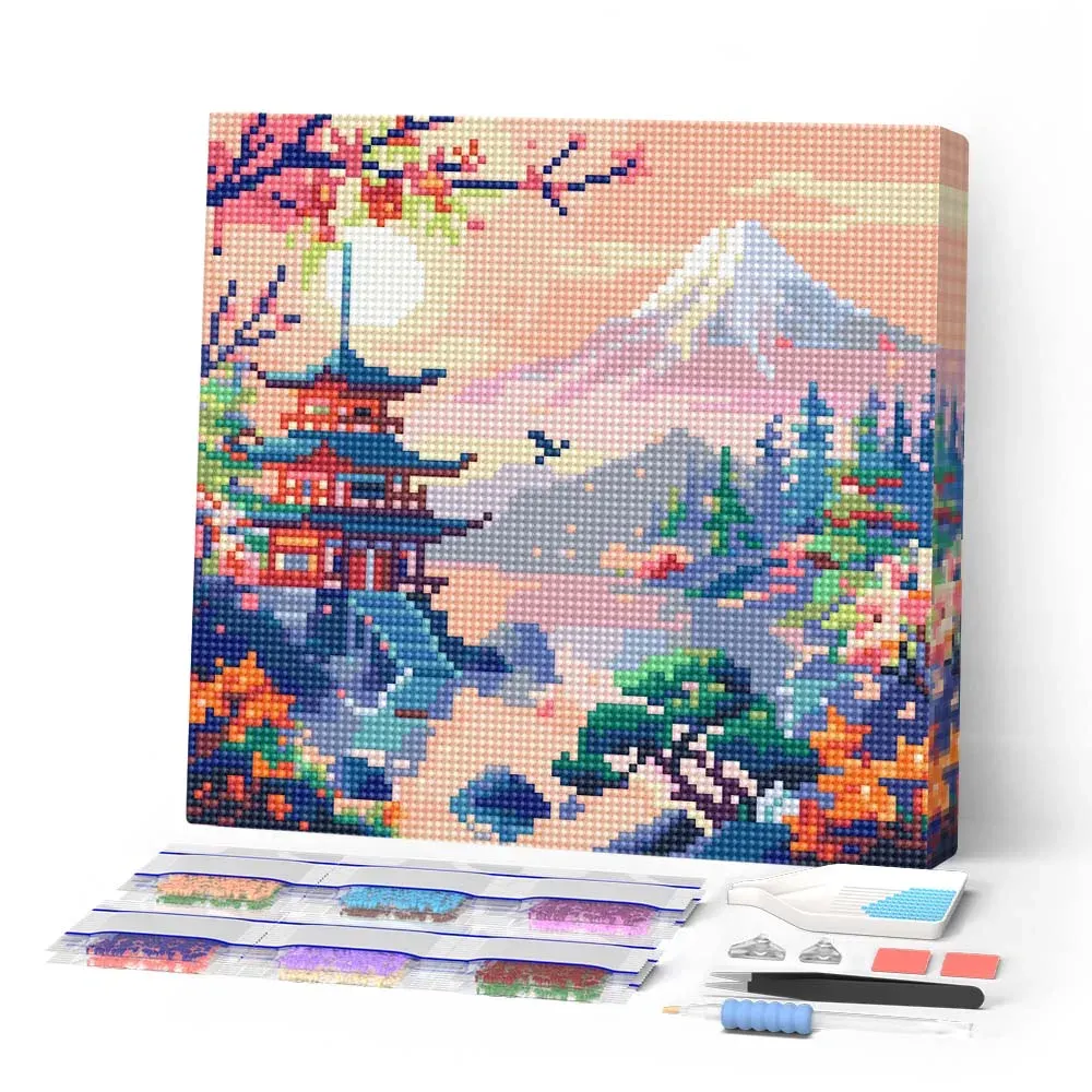 Broderie diamant Pagode et Mont Fuji