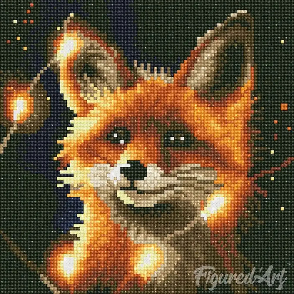 Broderie diamant renard roux et lumière - Mini format 25x25 cm