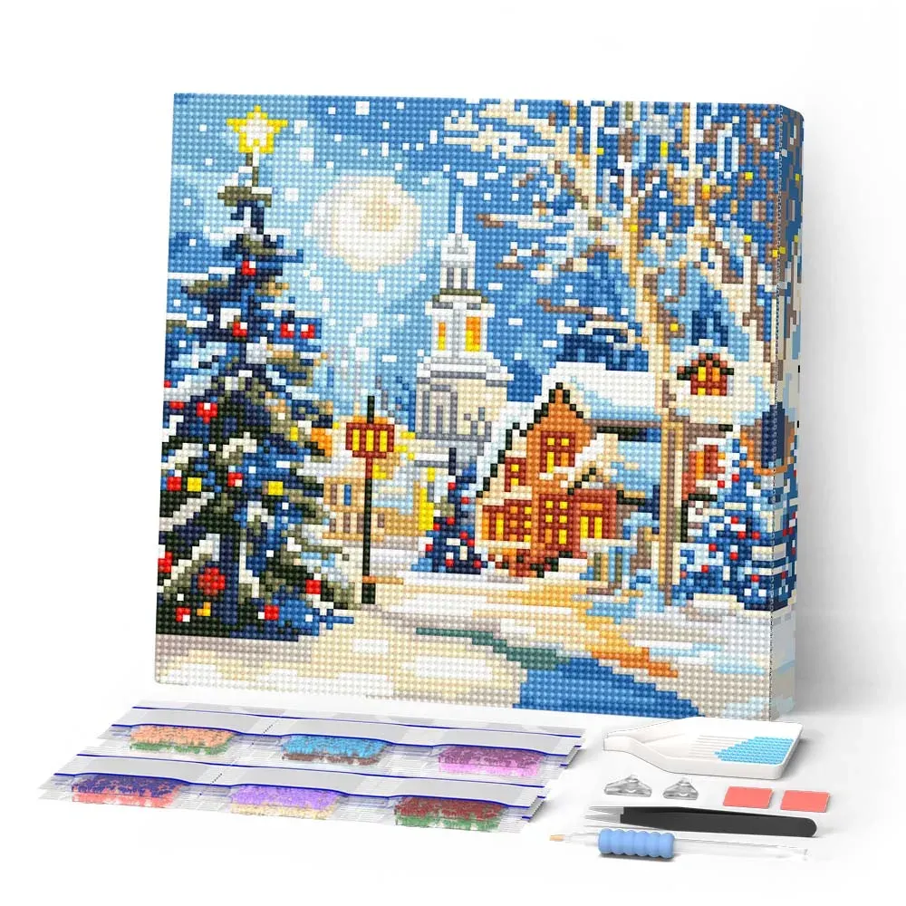 Broderie diamant Rue de Noël Enneigée