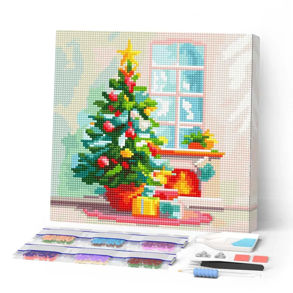 Broderie diamant Sapin et Cheminée